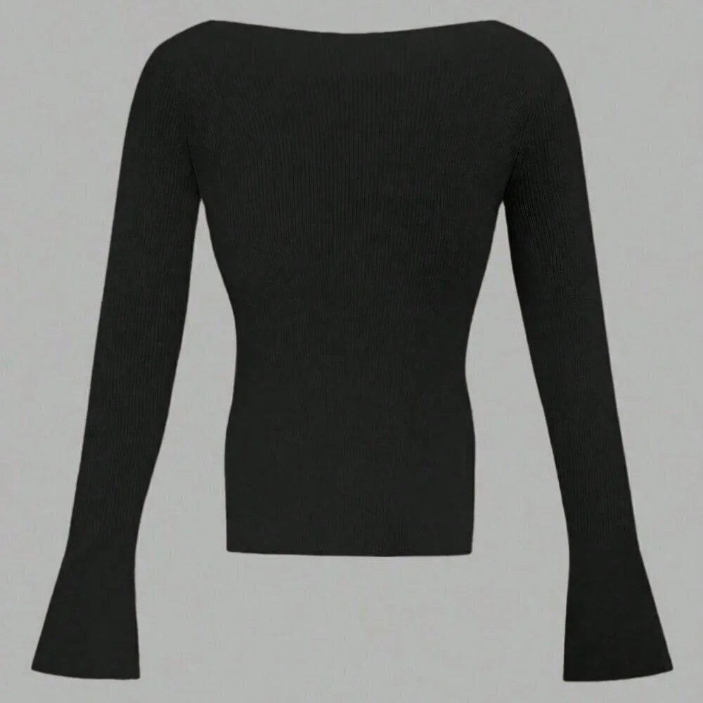 Black Casual Women's Ribbed Knit Top